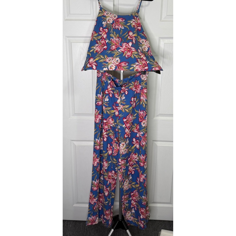 A New Day Floral Linen Blend 2 Piece Cami Top Wide Leg Pants Set Small NWT